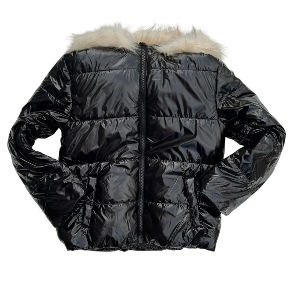 Hudson Kids Puffer Jacket Girls XL (16) High Gloss Deep Black Faux Fur New NWT